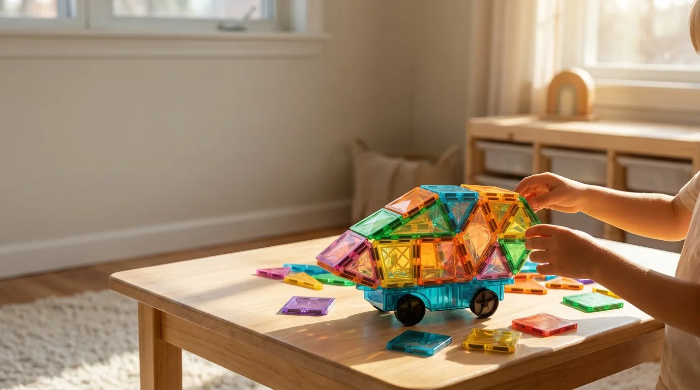 Illustration of a colorful magnetic tile vehicle on one rolling chassis in a sunny playroom