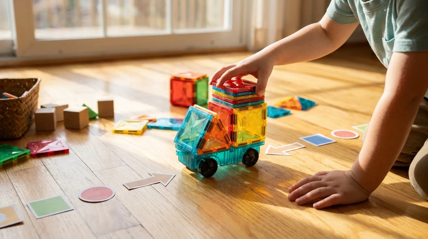 Illustration of a child moving one magnetic tile delivery truck along paper route markers