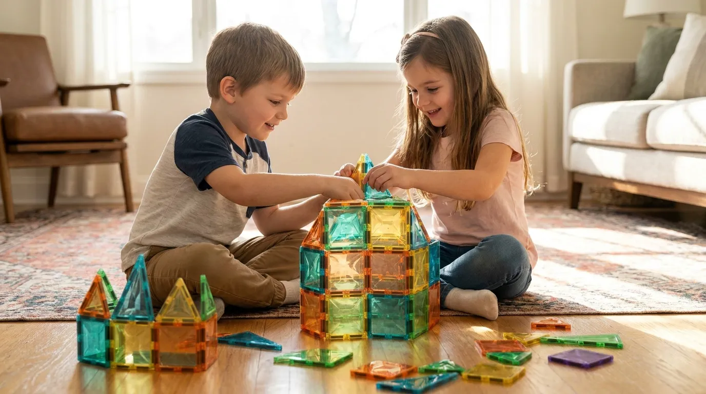 Illustration of two children adding to a shared magnetic tile structure beside a smaller finished build