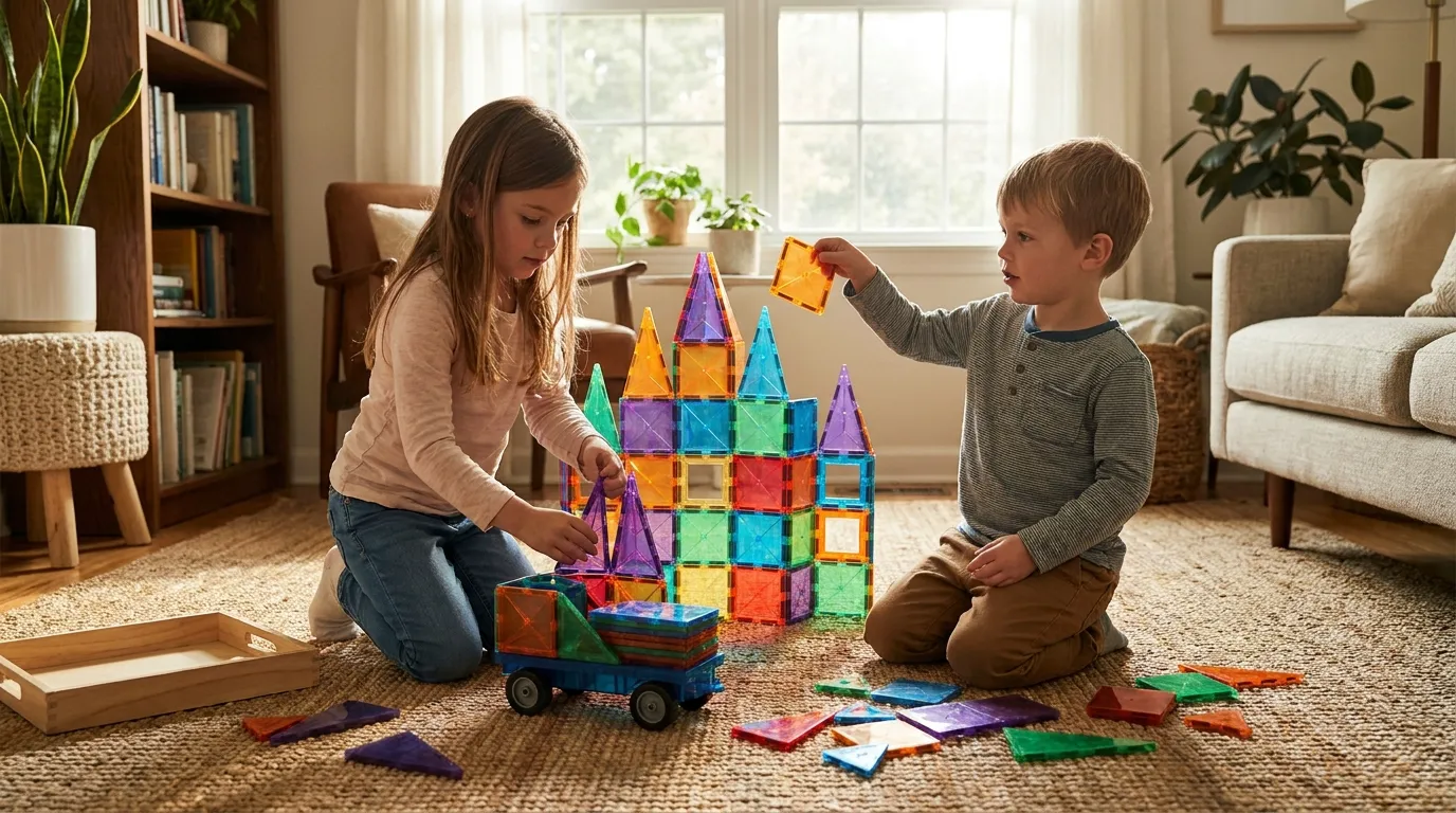 Illustration of two siblings planning a magnetic tile castle with one vehicle alongside it
