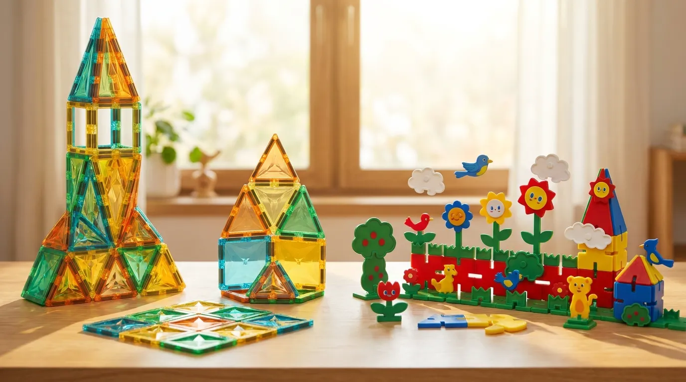 Illustration contrasting transparent Classic magnetic tile structures with an opaque MagFlake garden scene