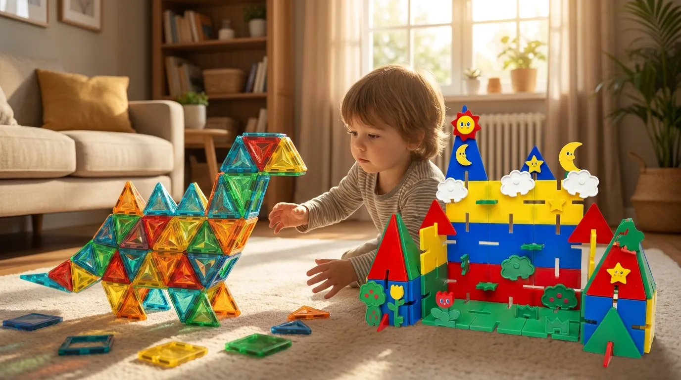 Illustration of a child exploring a Classic geometric build beside a separate MagFlake story scene