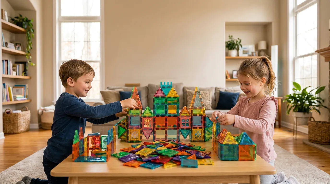 Illustration of two children building a magnetic tile town with separate work areas and a shared tile pool