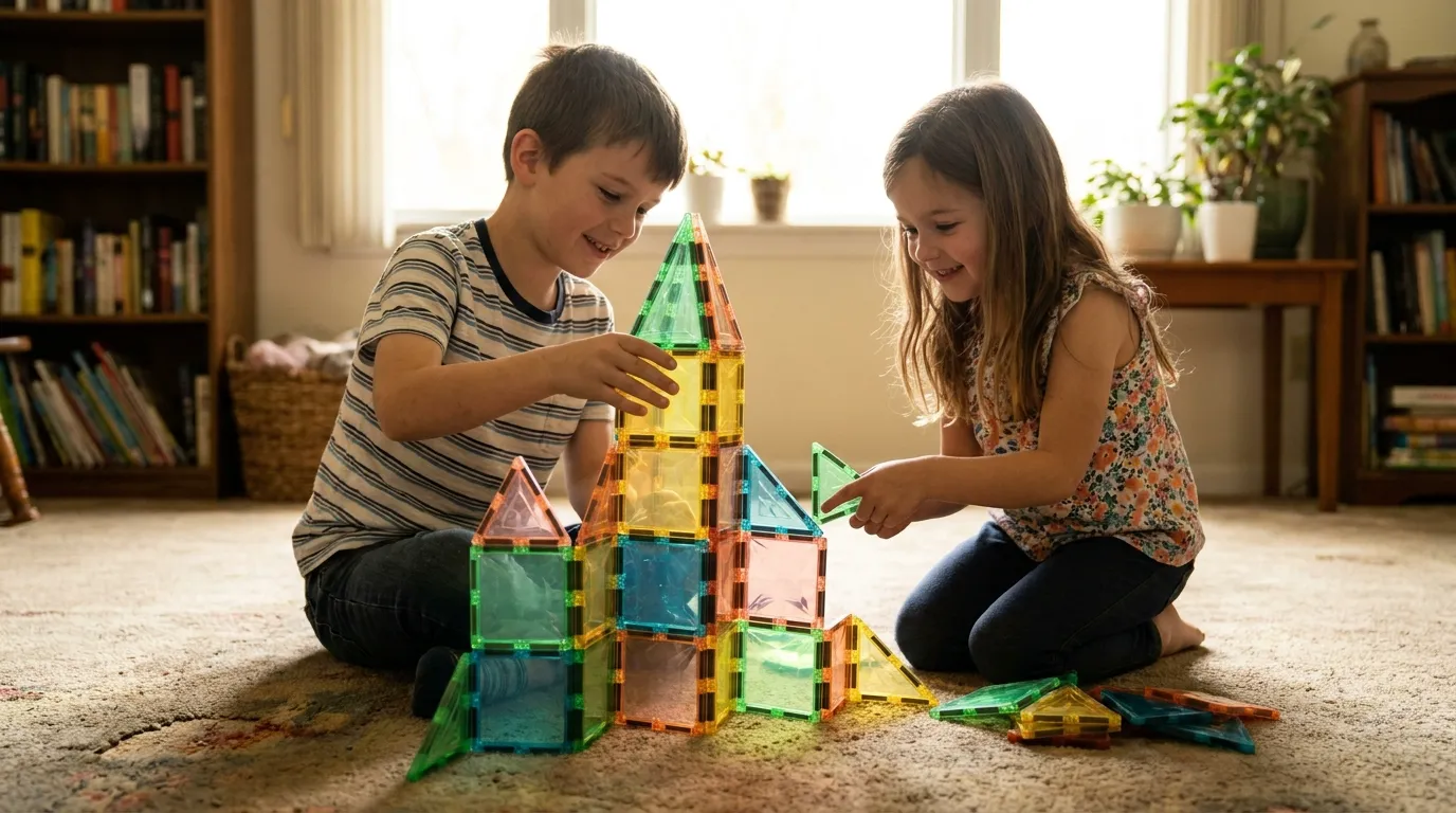 Illustration of two siblings taking turns adding magnetic tiles to one shared tower