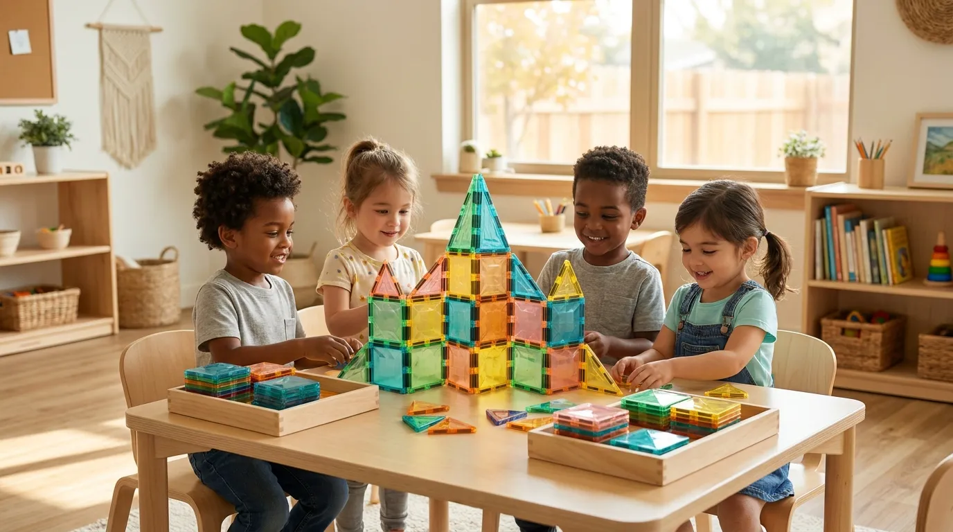 Illustration of four children collaborating around a classroom magnetic tile building table