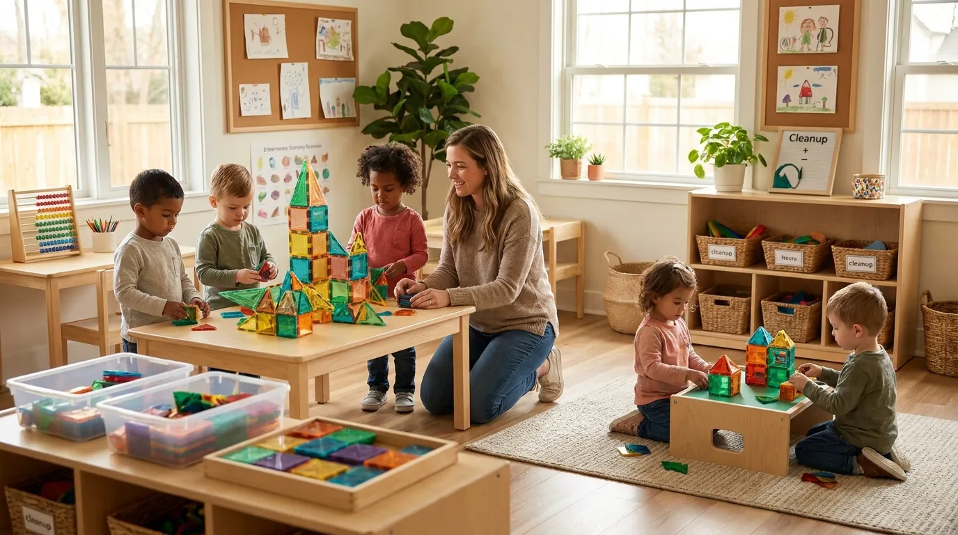 Illustration of a teacher helping children at a magnetic tile station with organized pieces nearby