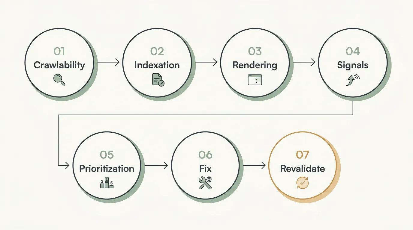 SEO audit workflow from crawlability and indexation through rendering, signals, prioritization, fixes and revalidation