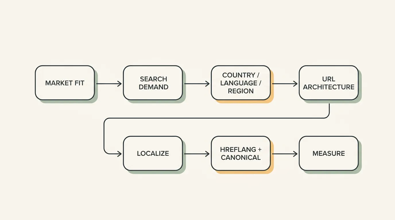 Flujo de decisiones de SEO internacional desde el ajuste de mercado y la demanda de búsqueda hasta la arquitectura, localización, señales técnicas y medición