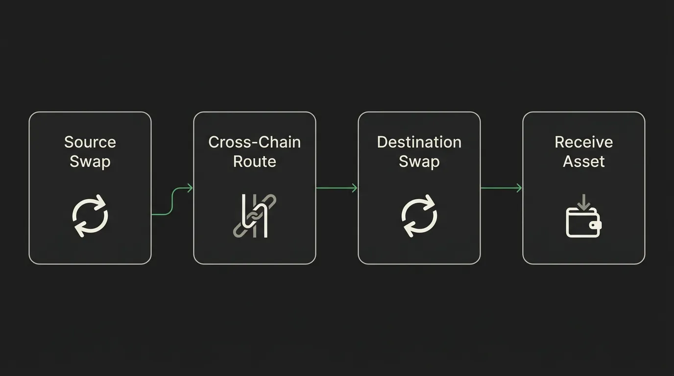 Cross-chain DEX aggregation route from source swap through cross-chain routing and destination swap to the received asset