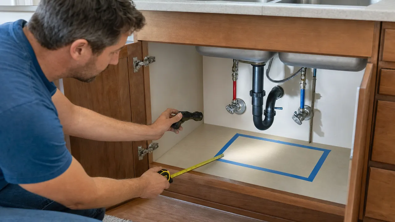 Measuring open space around pipes and valves inside an under-sink cabinet