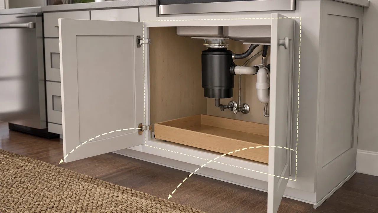 Checking both cabinet-door swing paths before selecting a lock position
