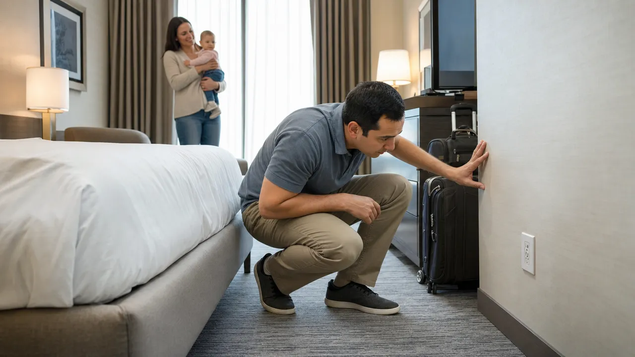 A parent checking a hotel room outlet