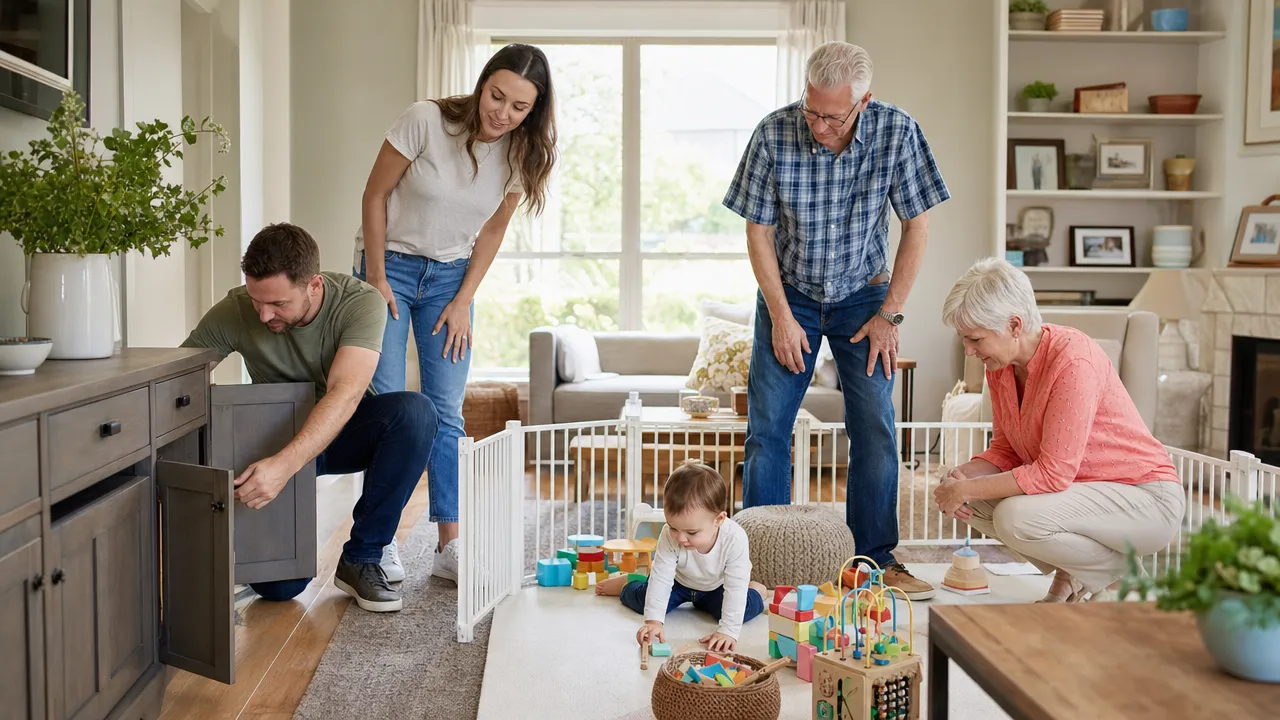 Family completing a childproofing walkthrough