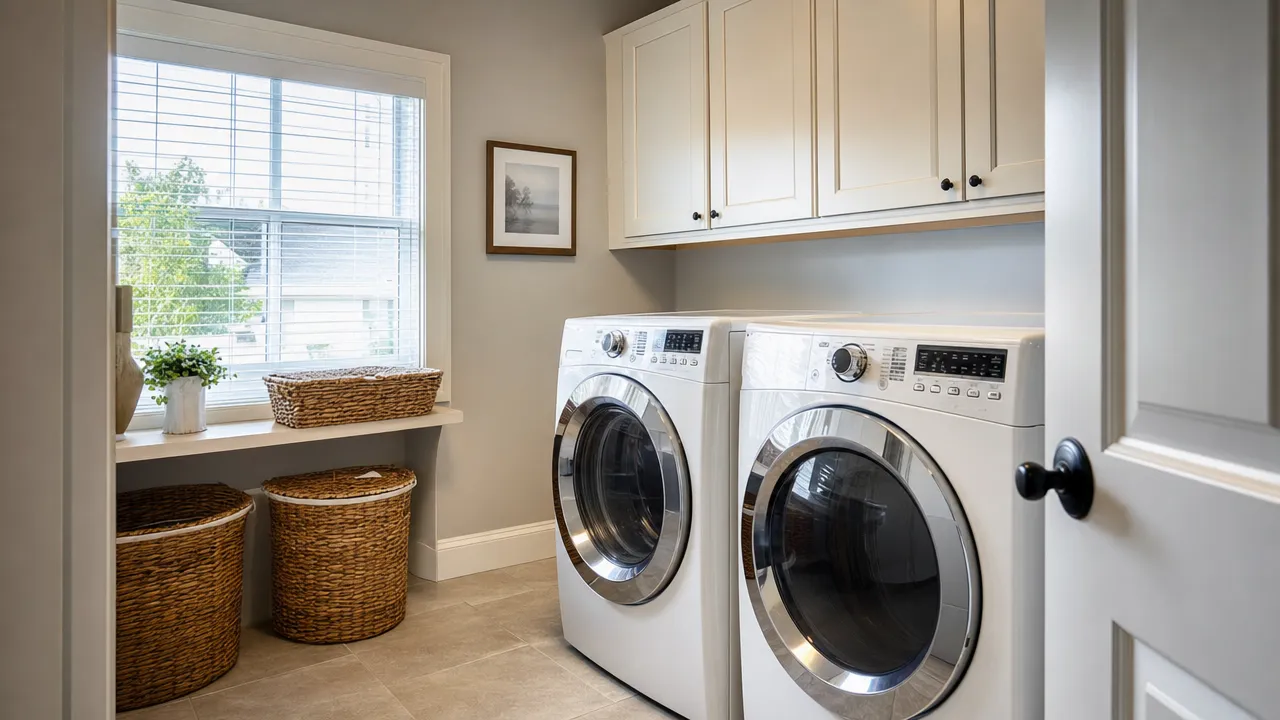A laundry room with closed upper cabinets and a door that can limit access