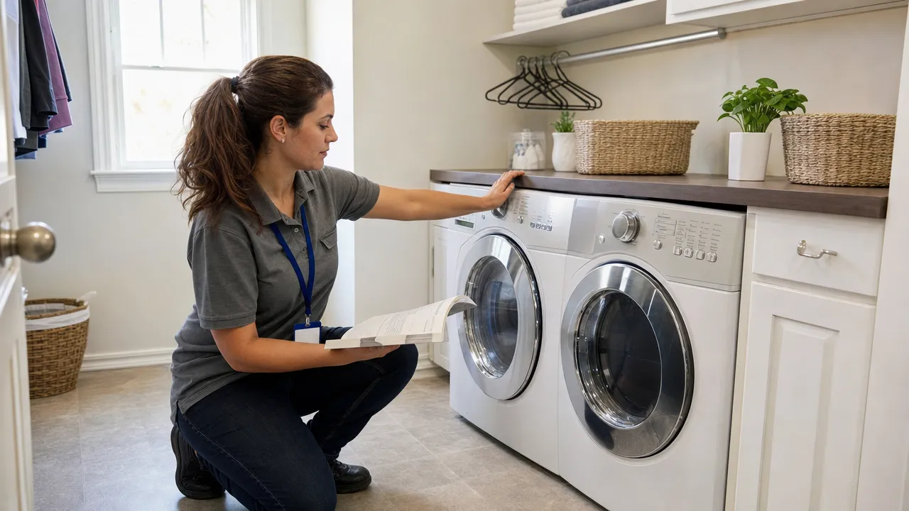 An adult checking washer controls against the appliance instructions