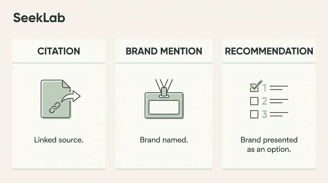 Citation means a linked source, brand mention means the brand is named, and recommendation means the brand is presented as an option