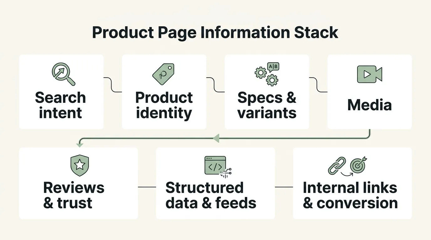 Product page information stack from search intent through product identity, specifications, media, trust, structured data and internal links
