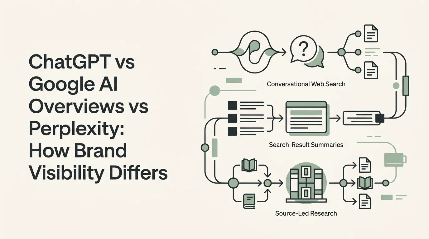 ChatGPT, Google AI Overviews and Perplexity shown as three distinct pathways for brand visibility