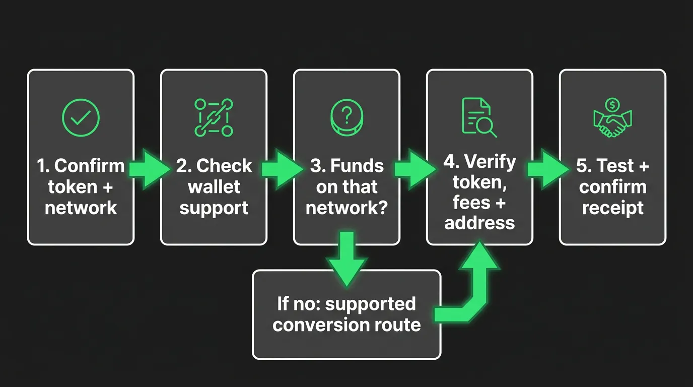Flujo de selección de red USDT desde la confirmación del token y red a través del soporte de billetera, verificación de rutas, revisión de tarifas, una transferencia de prueba y confirmación de recibo