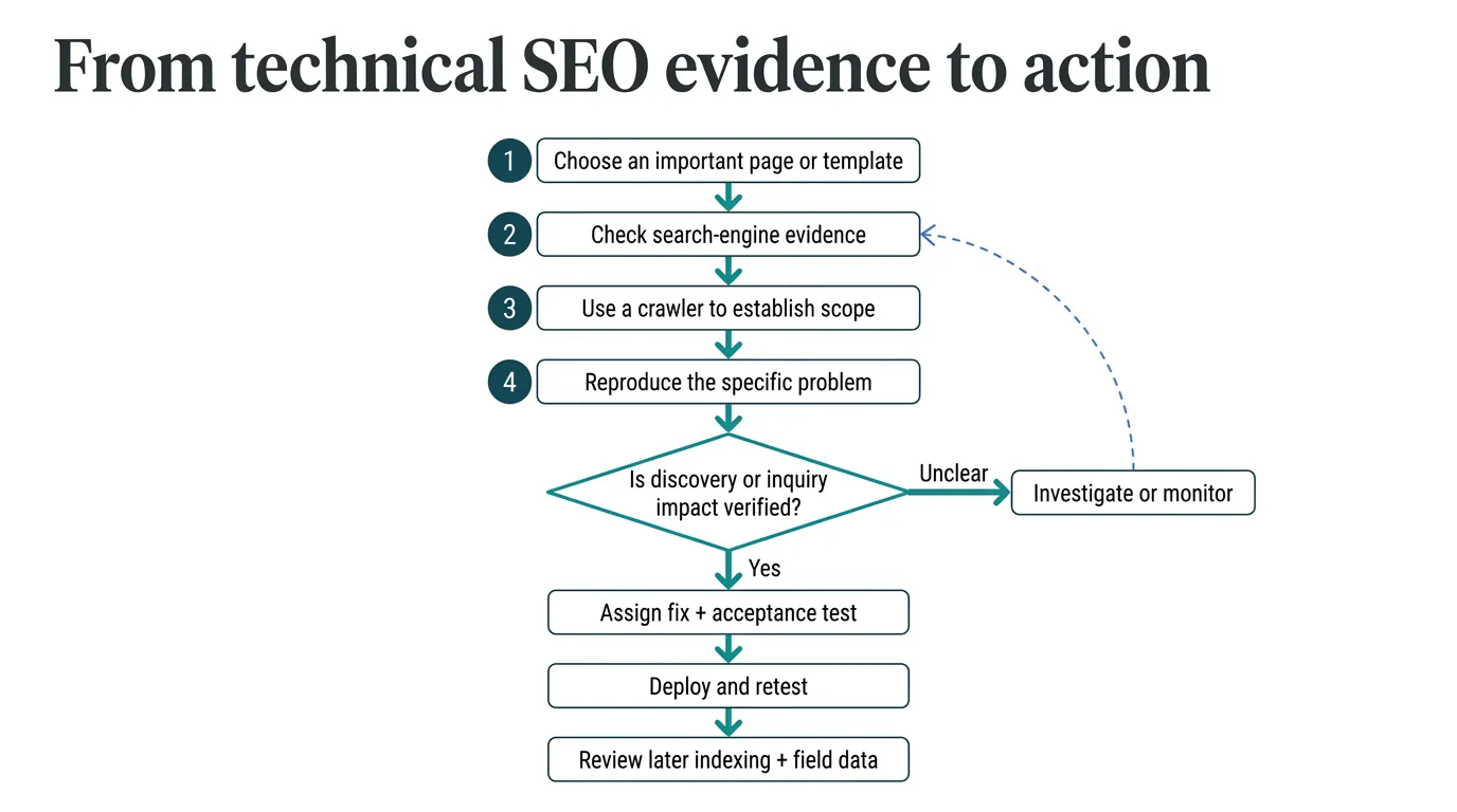 Technical SEO workflow from search evidence through crawling, impact verification, implementation, retesting, and later review