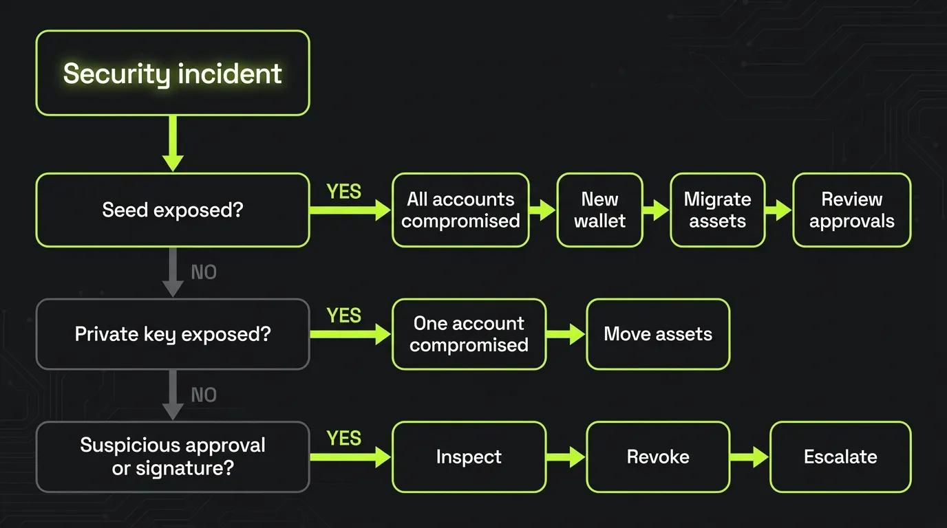 Decision flow for responding to an exposed seed phrase, exposed private key, or suspicious wallet approval or signature