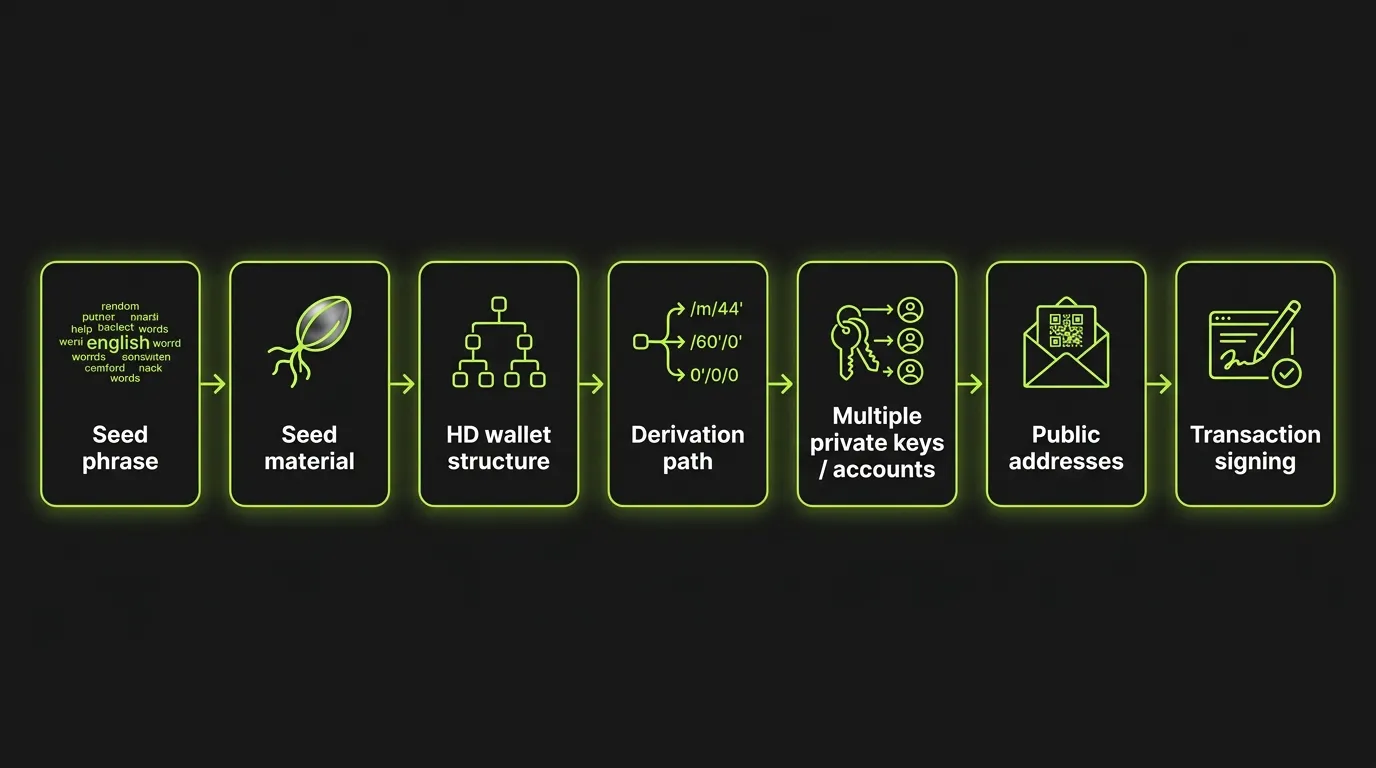 Seed phrase hierarchy showing seed material, an HD wallet structure, derivation paths, multiple private keys and accounts, public addresses, and transaction signing