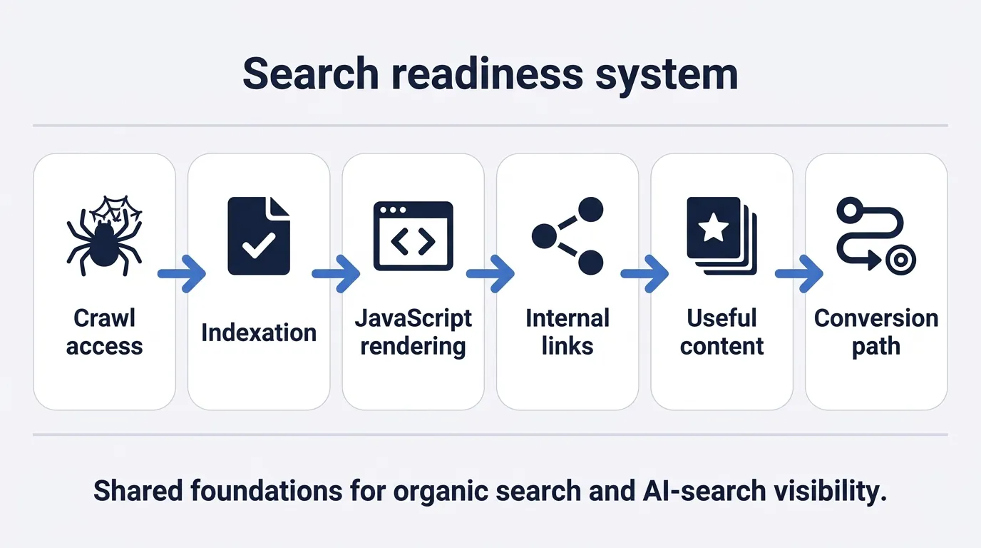 Search readiness system connecting crawl access, indexation, JavaScript rendering, internal links, useful content, and conversion paths