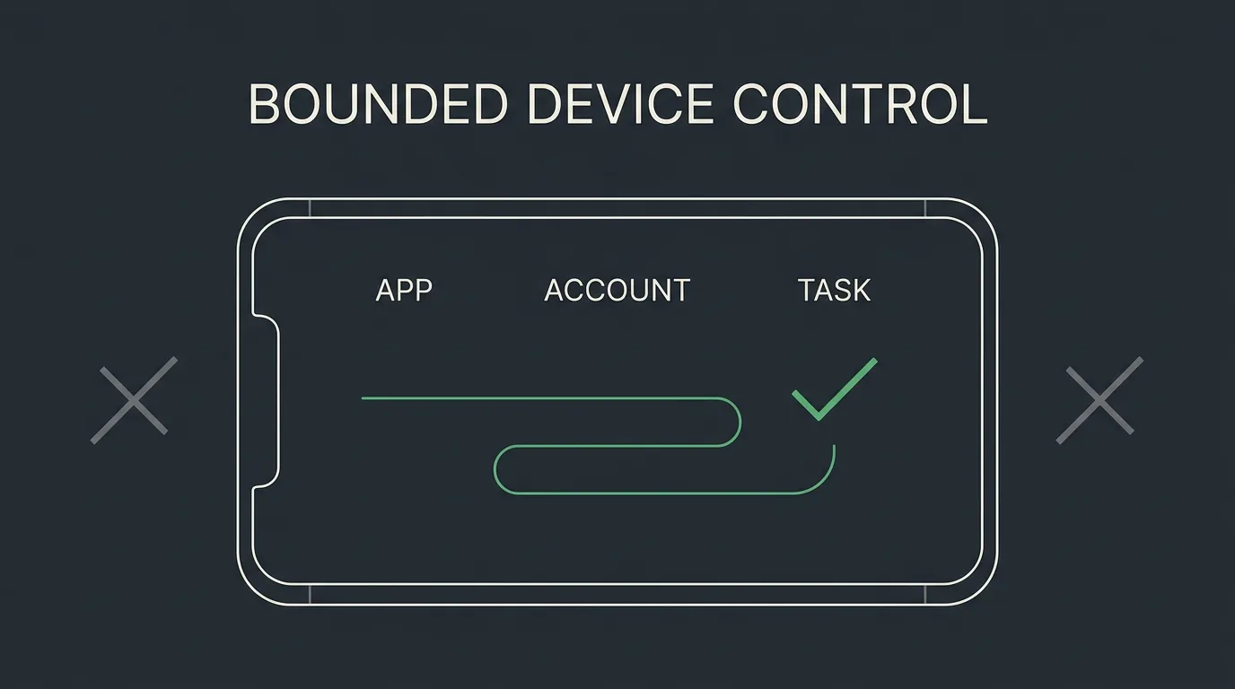 Bounded AI agent device control showing app, account and task scope with out-of-scope actions blocked