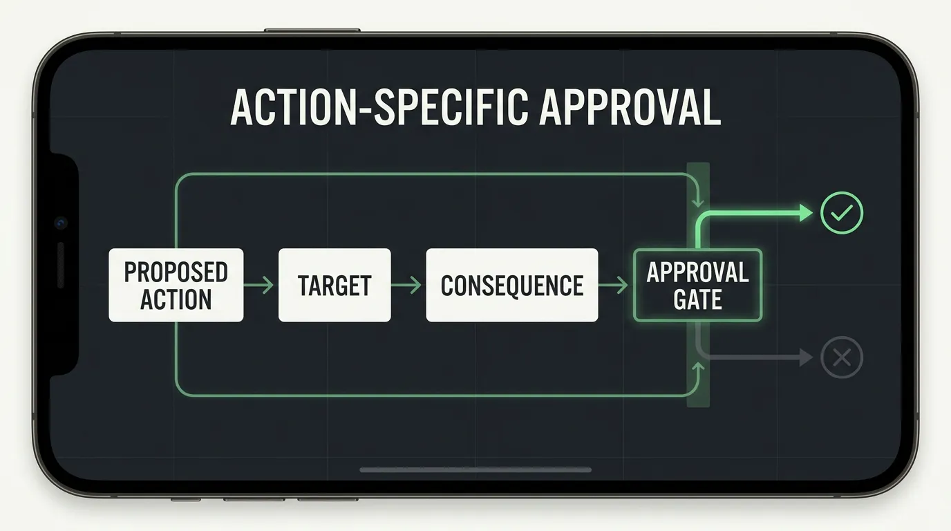 Action-specific approval flow connecting a proposed action, target and consequence to a current approval gate