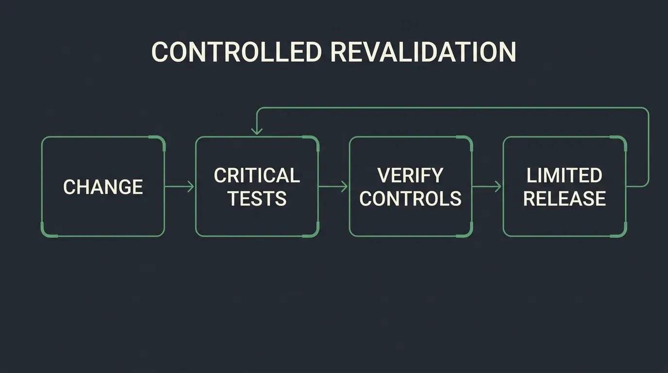 Controlled revalidation loop from a change through critical tests, control verification and limited release