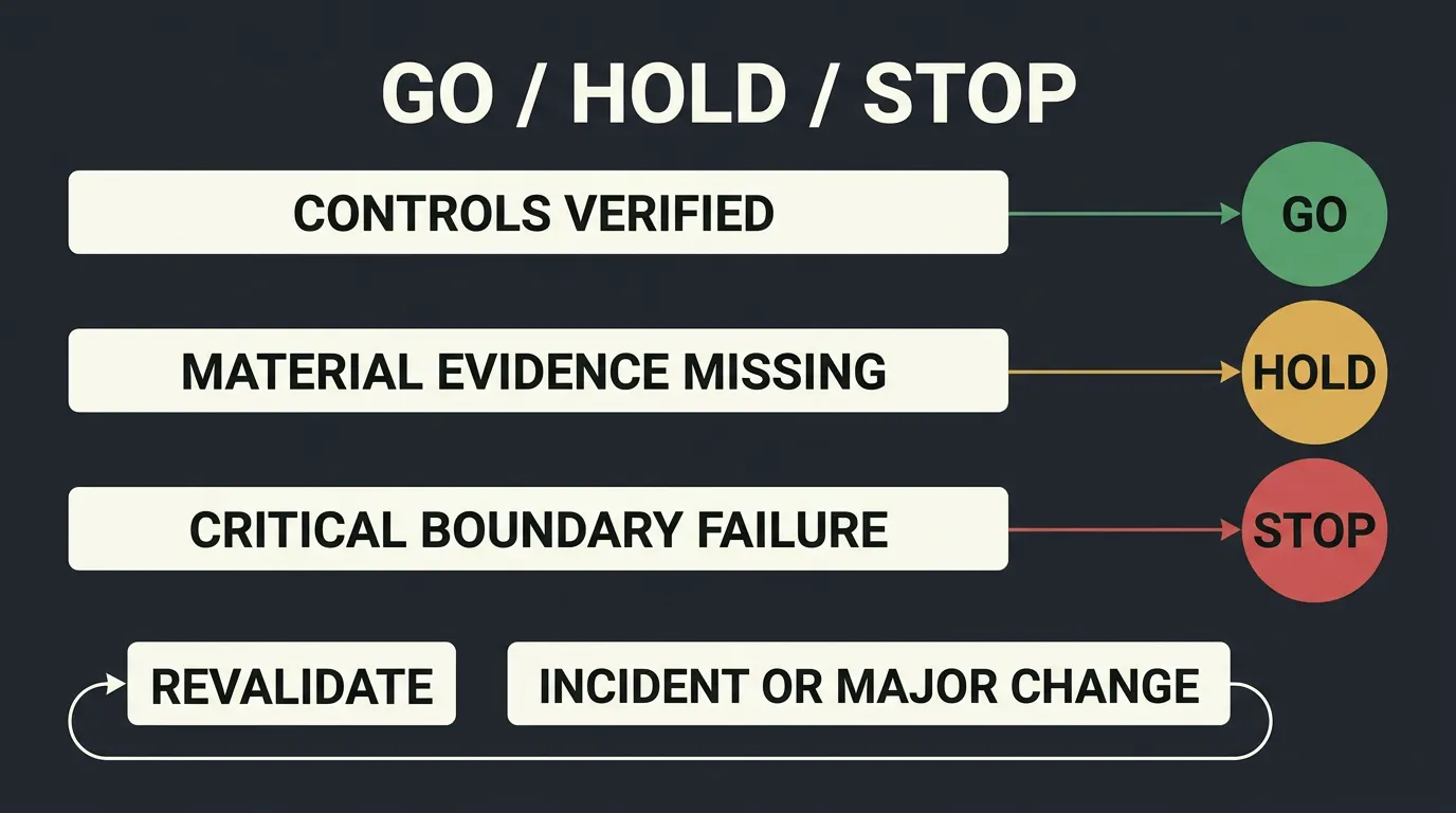 Go, hold or stop decision flow based on verified controls, missing evidence, critical boundary failures and revalidation after change