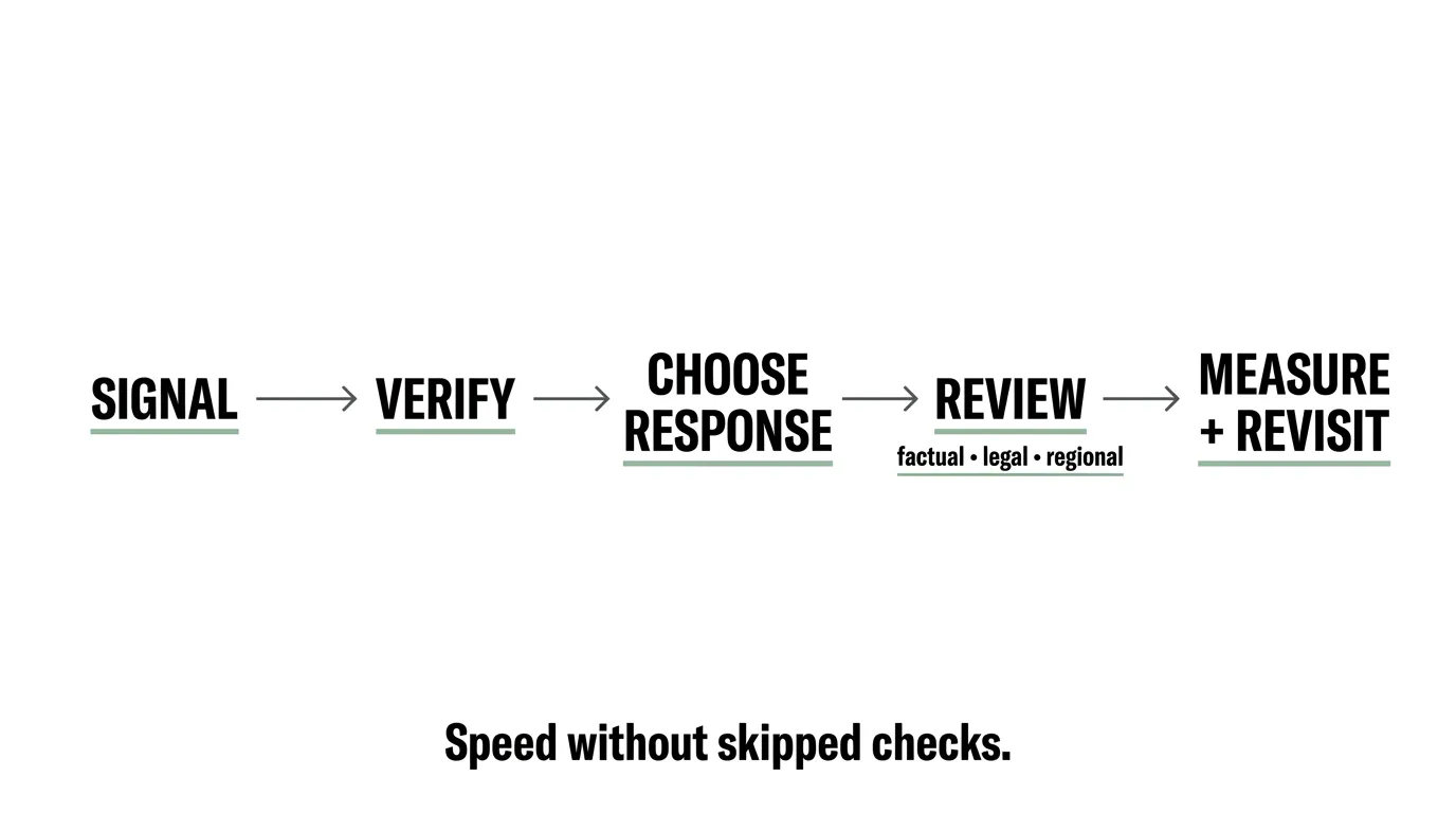 Reactive-content workflow from signal and verification to response choice, review, measurement, and revisit