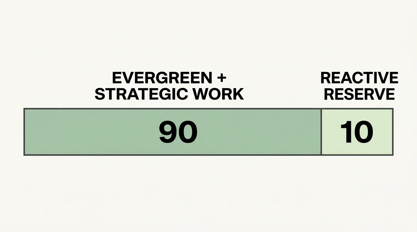 Illustrative 90/10 editorial-capacity split between evergreen strategic work and a reactive reserve
